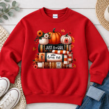 Load image into Gallery viewer, Just A Girl Who Loves Fall Fall design on Red crewneck sweatshirt
