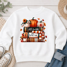 Load image into Gallery viewer, Just A Girl Who Loves Fall Fall design on White crewneck sweatshirt
