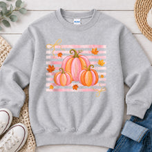 Load image into Gallery viewer, Pink Stripe Pumpkin Trio Fall design on Ash Grey crewneck sweatshirt
