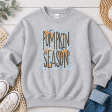 Load image into Gallery viewer, Pumpkin Season Blue Polka Dot Fall design on Ash Grey crewneck sweatshirt
