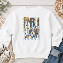 Load image into Gallery viewer, Pumpkin Season Blue Polka Dot Fall design on White crewneck sweatshirt
