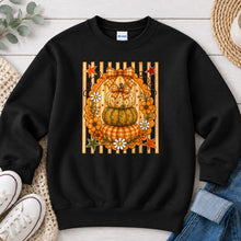 Load image into Gallery viewer, Stacked Gingham Pumpkins Fall design on Black crewneck sweatshirt
