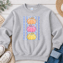 Load image into Gallery viewer, Stacked Pastel Pumpkins Fall design on Ash Grey crewneck sweatshirt
