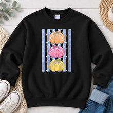 Load image into Gallery viewer, Stacked Pastel Pumpkins Fall design on Black crewneck sweatshirt
