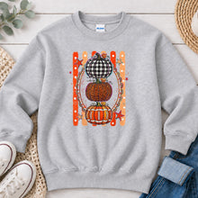 Load image into Gallery viewer, Stacked Pattern Pumpkins Oval Fall design on Ash Grey crewneck sweatshirt
