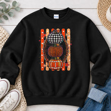Load image into Gallery viewer, Stacked Pattern Pumpkins Oval Fall design on Black crewneck sweatshirt
