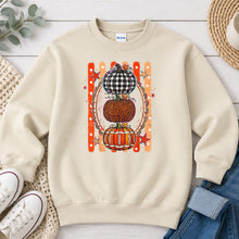 Load image into Gallery viewer, Stacked Pattern Pumpkins Oval Fall design on Sand crewneck sweatshirt
