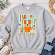 Load image into Gallery viewer, Take Me To The Pumpkin Patch Bow Fall design on Ash Grey crewneck sweatshirt

