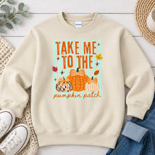 Load image into Gallery viewer, Take Me To The Pumpkin Patch Bow Fall design on Sand crewneck sweatshirt
