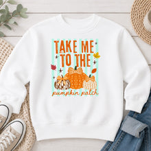 Load image into Gallery viewer, Take Me To The Pumpkin Patch Bow Fall design on White crewneck sweatshirt
