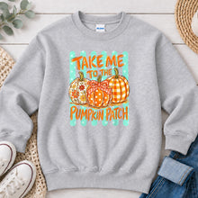 Load image into Gallery viewer, Take Me To The Pumpkin Patch Mint Fall design on Ash Grey crewneck sweatshirt
