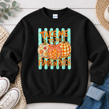 Load image into Gallery viewer, Take Me To The Pumpkin Patch Mint Fall design on Black crewneck sweatshirt
