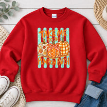 Load image into Gallery viewer, Take Me To The Pumpkin Patch Mint Fall design on Red crewneck sweatshirt
