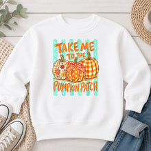 Load image into Gallery viewer, Take Me To The Pumpkin Patch Mint Fall design on White crewneck sweatshirt
