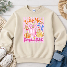 Load image into Gallery viewer, Take Me To The Pumpkin Patch Pink Fall design on Sand crewneck sweatshirt
