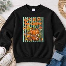 Load image into Gallery viewer, Tis The Season Pumpkin Football Coffee Fall design on Black crewneck sweatshirt
