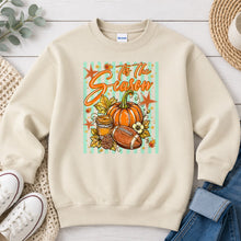 Load image into Gallery viewer, Tis The Season Pumpkin Football Coffee Fall design on Sand crewneck sweatshirt
