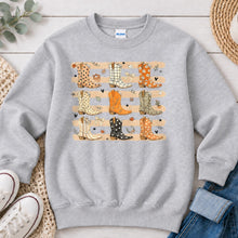 Load image into Gallery viewer, Western Cowboy Boots Fall design on Ash Grey crewneck sweatshirt
