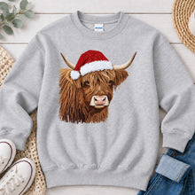 Load image into Gallery viewer, Faux Yarn Highland Cow Christmas design on Ash Grey crewneck sweatshirt
