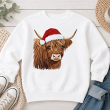 Load image into Gallery viewer, Faux Yarn Highland Cow Christmas design on White crewneck sweatshirt
