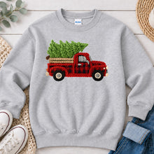 Load image into Gallery viewer, Faux Yarn Plaid Truck Christmas design on Ash Grey crewneck sweatshirt
