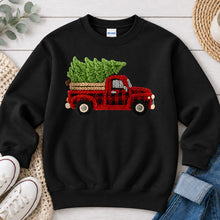 Load image into Gallery viewer, Faux Yarn Plaid Truck Christmas design on Black crewneck sweatshirt
