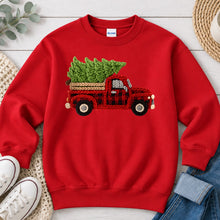Load image into Gallery viewer, Faux Yarn Plaid Truck Christmas design on Red crewneck sweatshirt
