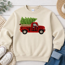 Load image into Gallery viewer, Faux Yarn Plaid Truck Christmas design on Sand crewneck sweatshirt
