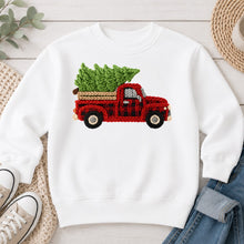 Load image into Gallery viewer, Faux Yarn Plaid Truck Christmas design on White crewneck sweatshirt
