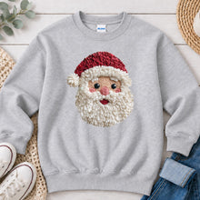 Load image into Gallery viewer, Faux Yarn Santa Face Christmas design on Ash Grey crewneck sweatshirt
