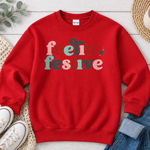 Load image into Gallery viewer, Feelin' Festive Christmas design on Red crewneck sweatshirt
