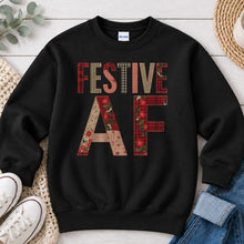 Load image into Gallery viewer, Festive AF Christmas design on Black crewneck sweatshirt
