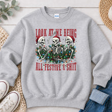 Load image into Gallery viewer, Festive Skeletons Christmas design on Ash Grey crewneck sweatshirt

