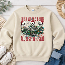 Load image into Gallery viewer, Festive Skeletons Christmas design on Sand crewneck sweatshirt
