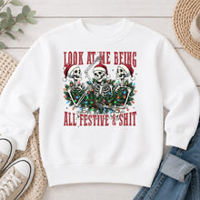 Load image into Gallery viewer, Festive Skeletons Christmas design on White crewneck sweatshirt

