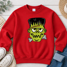 Load image into Gallery viewer, Frankenstein Face Halloween design on Red crewneck sweatshirt
