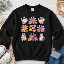 Load image into Gallery viewer, Groovy Flower Ghosts Pattern Halloween design on Black crewneck sweatshirt
