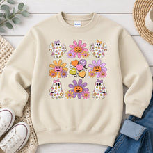 Load image into Gallery viewer, Groovy Flower Ghosts Pattern Halloween design on Sand crewneck sweatshirt
