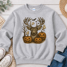 Load image into Gallery viewer, Halloween Buck Hunting design on Ash Grey crewneck sweatshirt
