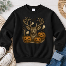 Load image into Gallery viewer, Halloween Buck Hunting design on Black crewneck sweatshirt
