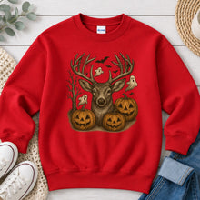 Load image into Gallery viewer, Halloween Buck Hunting design on Red crewneck sweatshirt
