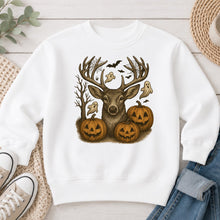 Load image into Gallery viewer, Halloween Buck Hunting design on White crewneck sweatshirt
