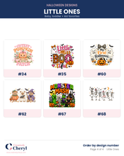 Load image into Gallery viewer, Halloween design chart page 4 - Little Ones - numbered toddler and kids shirt designs to choose from
