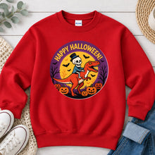 Load image into Gallery viewer, Happy Halloween Skeleton Dino Halloween design on Red crewneck sweatshirt
