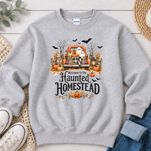 Load image into Gallery viewer, Haunted Homestead Truck Halloween design on Ash Grey crewneck sweatshirt
