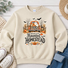 Load image into Gallery viewer, Haunted Homestead Truck Halloween design on Sand crewneck sweatshirt
