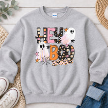 Load image into Gallery viewer, Hey Boo Ghosts Halloween design on Ash Grey crewneck sweatshirt
