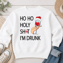 Load image into Gallery viewer, Ho Ho Holy Sh*t I'm Drunk Christmas design on White crewneck sweatshirt
