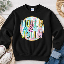 Load image into Gallery viewer, Holly And Jolly Pastel Trees Christmas design on Black crewneck sweatshirt
