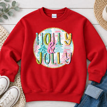 Load image into Gallery viewer, Holly And Jolly Pastel Trees Christmas design on Red crewneck sweatshirt

